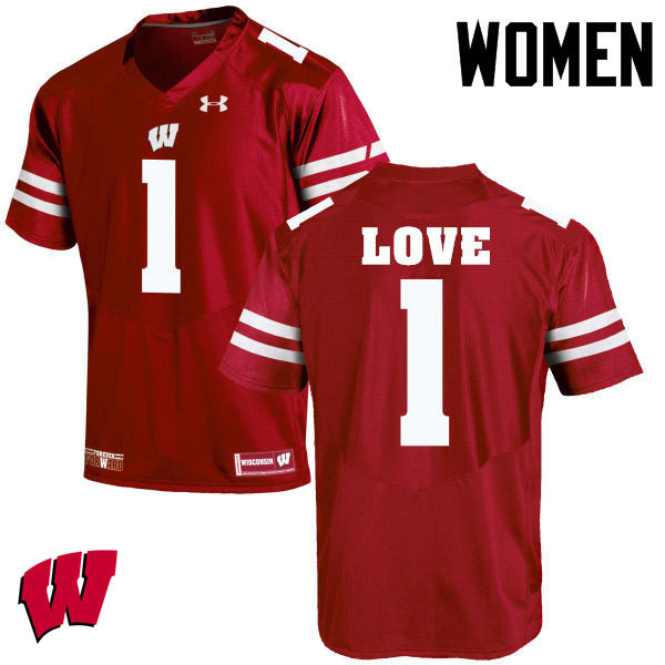 Women Wisconsin Badgers #1 Reggie Love College Football Jerseys-Red - Click Image to Close